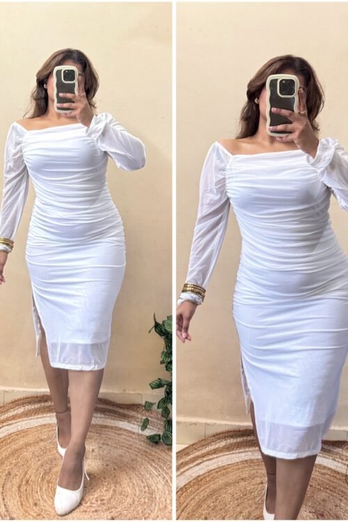 White Ruched Mesh Dress(Free Size : 30-36 Bust)