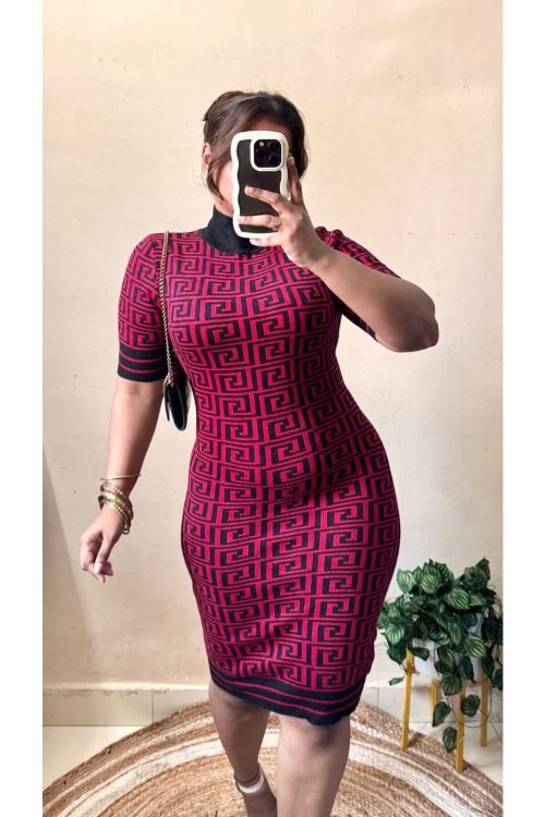 Red Black Mock Neck Bodycon Dress(Size : 30-34 Bust)