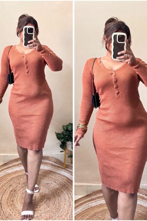 Rusty Orange V Neck Bodycon Dress(Size : 30-36 Bust)