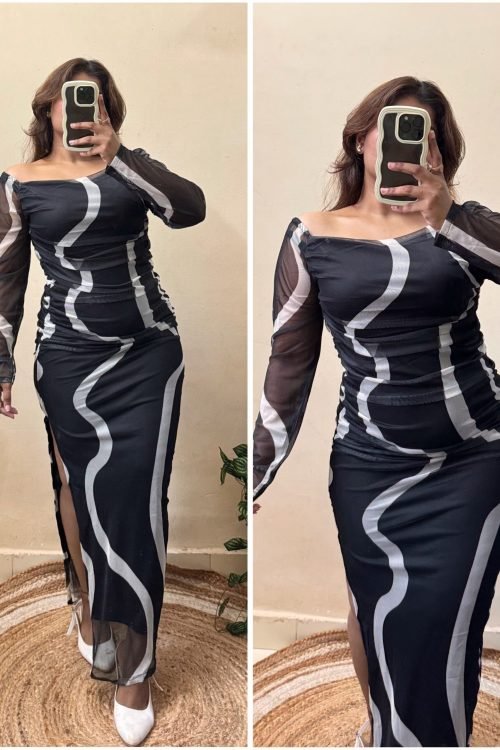 Black Wavy Print Mesh Slit Cut Mesh Bodycon Dress (Free Size : 30-38 Bust)