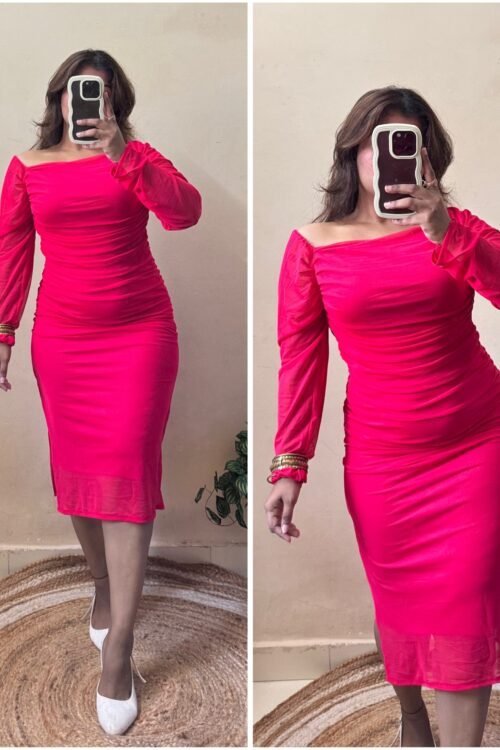 Hot Pink Ruched Mesh Dress ( Free Size : 30-36 Bust)