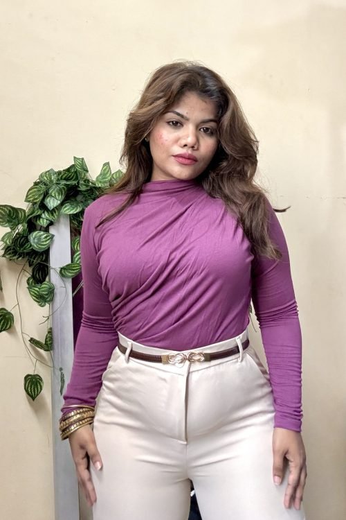 Magenta Pink Ruched Mock Neck Top (Free Size : 34-40 Bust)