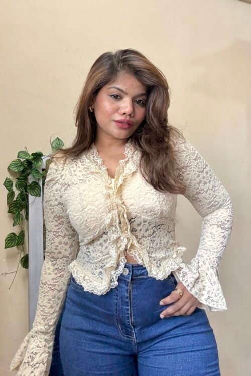 Beige Frillwork Mesh Padded Top(Free Size : 30-34 Bust)