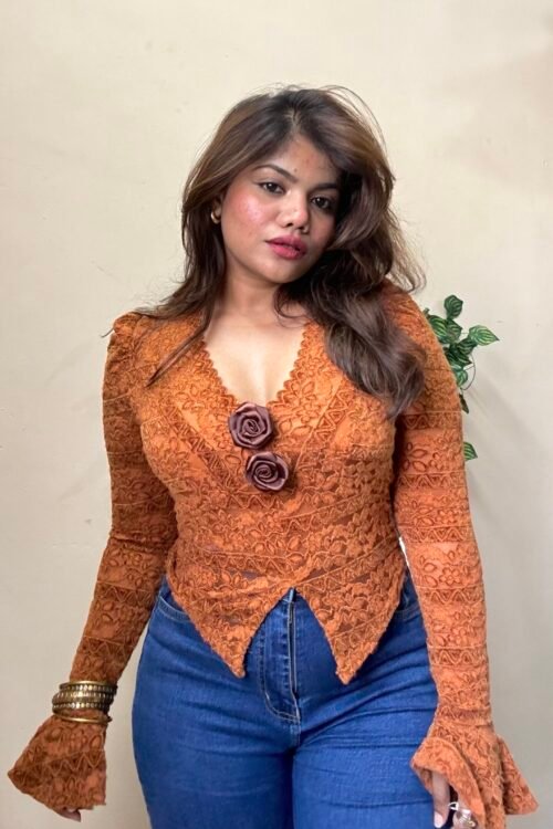 Mustard Velvet Flower Brooch Padded Top(Free Size : 30-34 Bust)