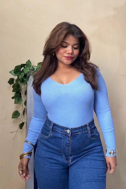 Light Blue V Neck Ribbed Top(Free Size : 30-38 Bust)