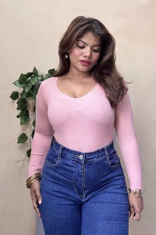 Pink V Neck ribbed Top(Free Size : 30-38 Bust)