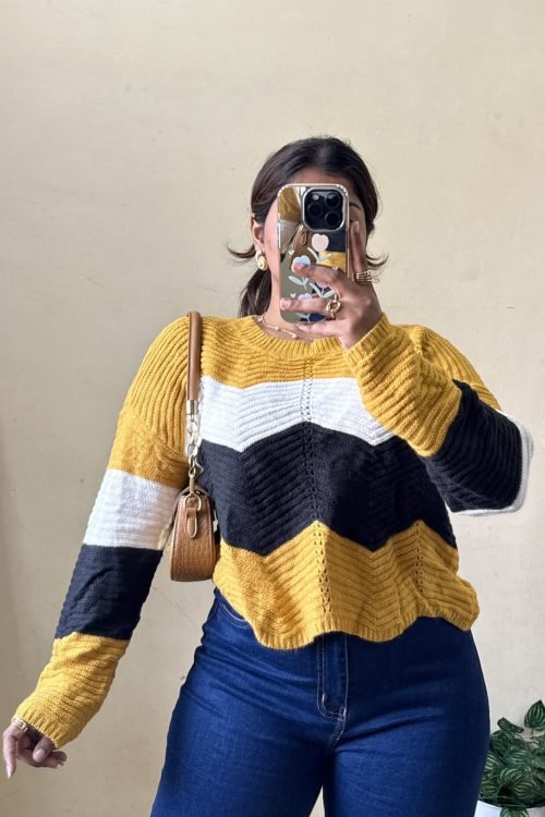 Wavy Yellow Black Knitting Pullover-1 (Free Size: 30-36 Bust)