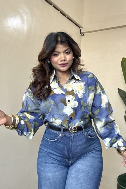 Blue Floral Printed Shirt(Free Size: 34-42 Bust)