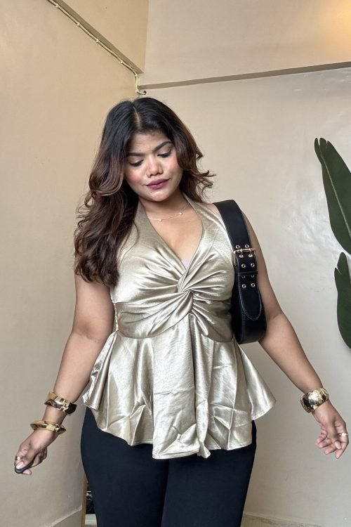 Metallic Grey Satin Halter Neck Top(Free Size: 30-36 Bust)
