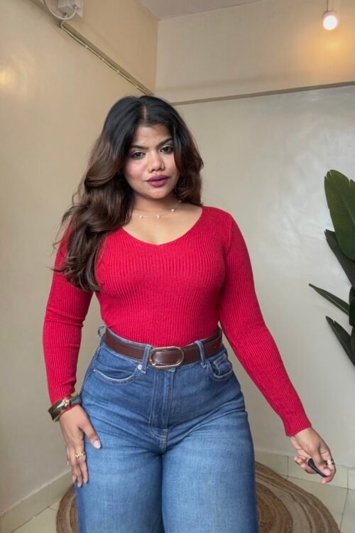 Red V Neck Ribbed Top(Free Size: 30-38 Bust)